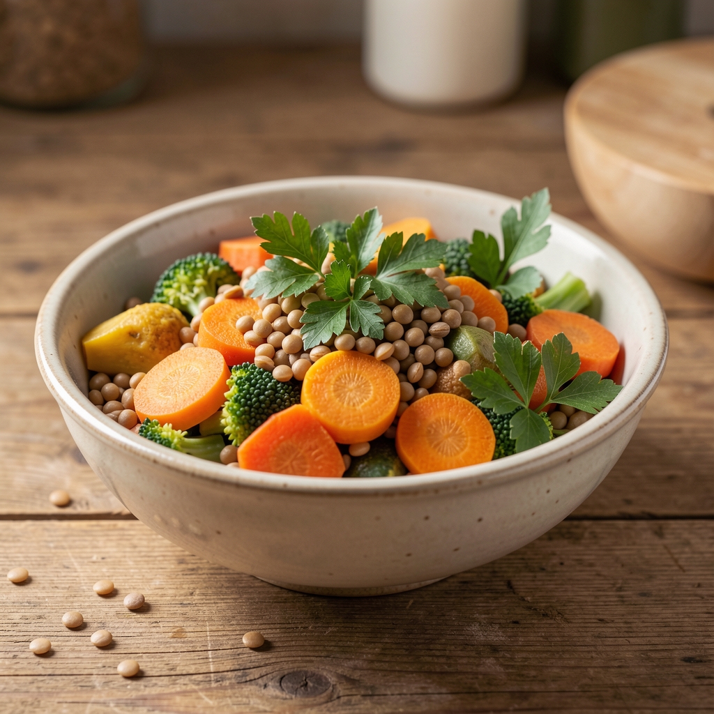 Close-up of a ceramic bowl filled with mixed seasonal vegetables, lentils, and fresh herbs on a wooden kitchen surface