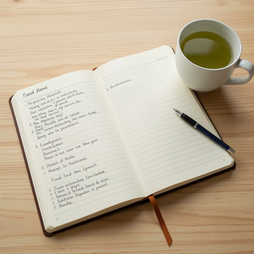 Open food journal notebook with handwritten meal planning notes alongside a cup of green tea on a light oak desk