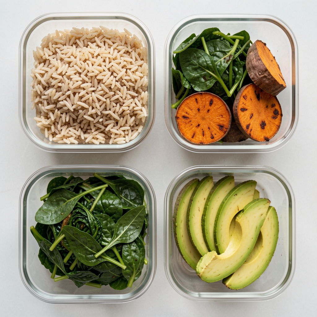 Overhead shot of a balanced meal prep spread with whole grain rice, leafy greens, roasted sweet potato and sliced avocado in separate containers