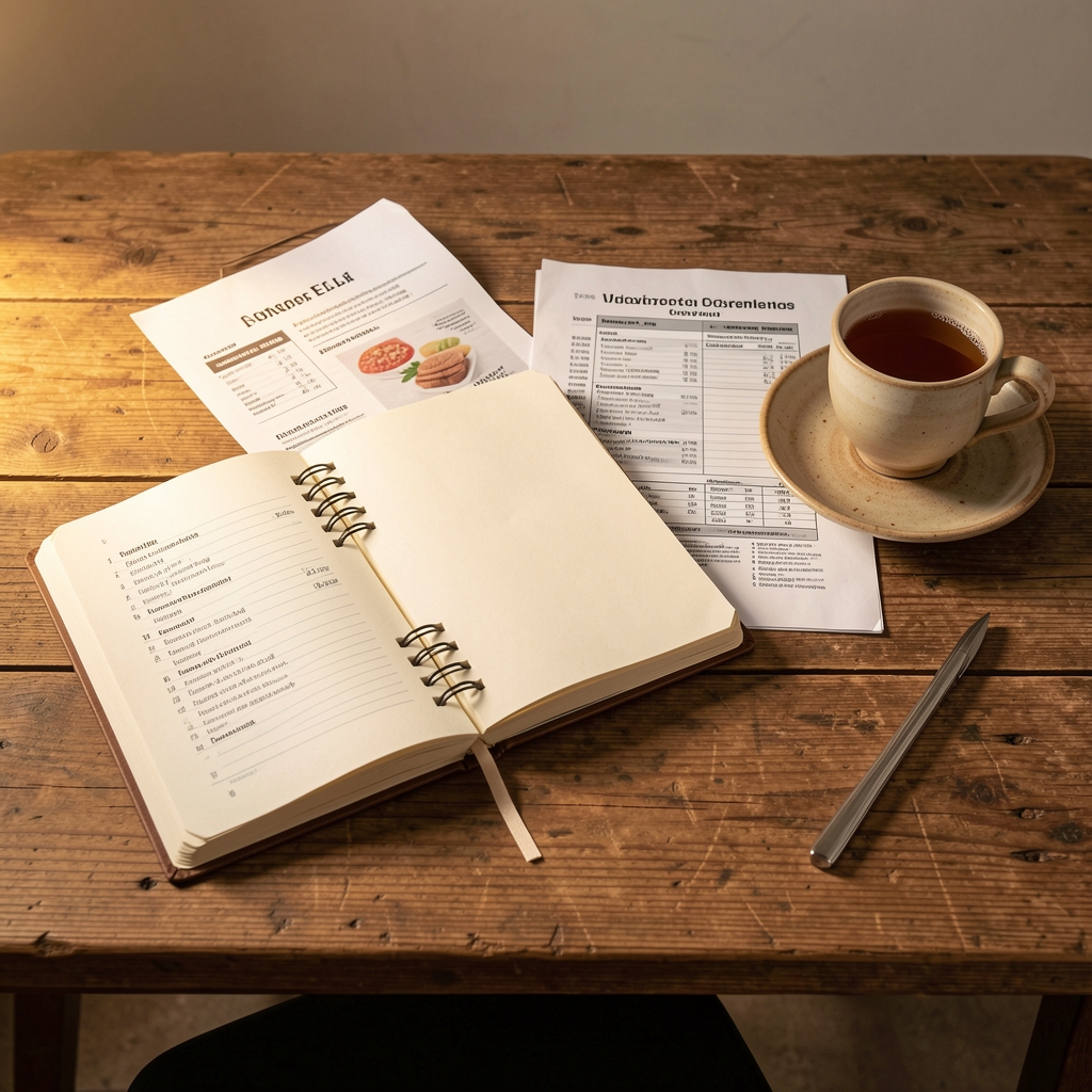 Editorial workspace with an open notebook, printed nutrition reference materials, and a cup of tea on a weathered oak desk in warm studio lighting