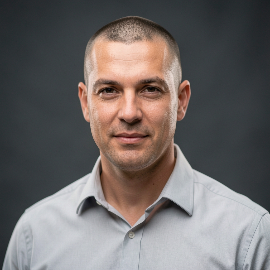Professional editorial portrait of a man with close-cropped hair in a light grey shirt photographed against a muted dark background with controlled studio lighting
