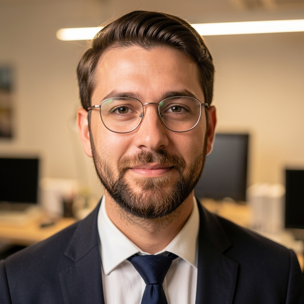 Editorial portrait of a man with wire-rimmed glasses and a beard, photographed in a clean workspace environment under warm artificial light