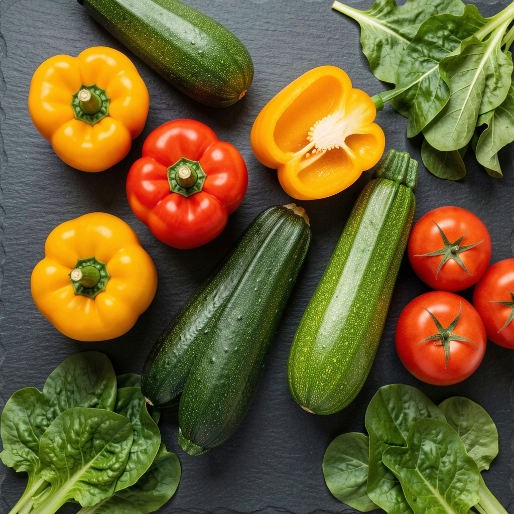 Vibrant flat-lay arrangement of colourful seasonal vegetables including bell peppers, courgette, tomatoes and leafy greens on a dark slate surface