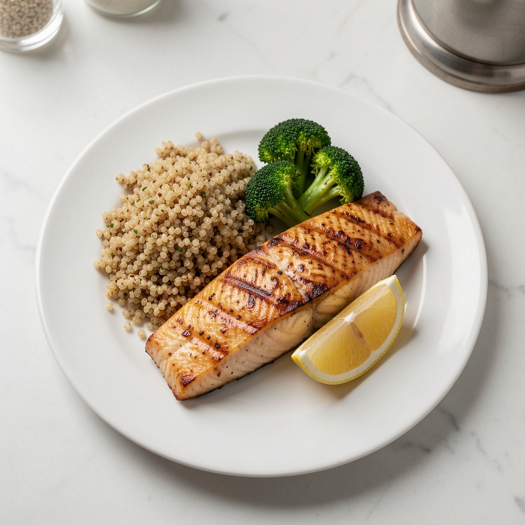 Overhead photograph of a portion-controlled dinner plate showing grilled fish fillet, quinoa, roasted broccoli and lemon wedge with clean kitchen background