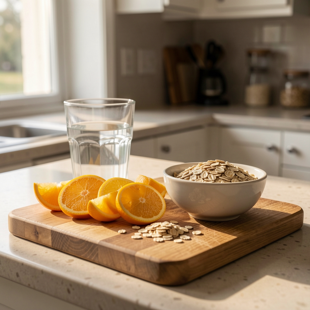 Morning kitchen scene with a glass of water, sliced citrus fruits and a small bowl of oats on a wooden chopping board bathed in natural window light