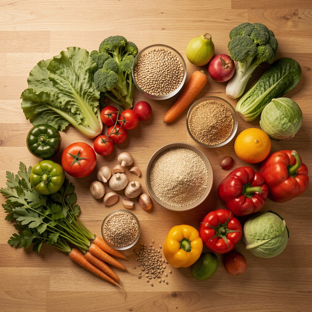 Wide editorial overhead shot of a kitchen worktop with fresh seasonal vegetables, whole grains, and colourful produce arranged under warm studio lighting