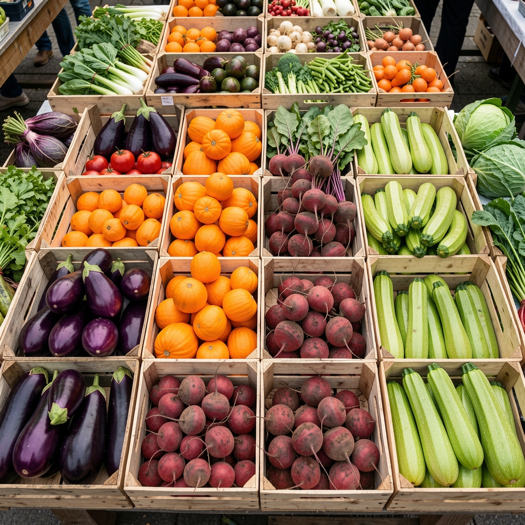 Overhead photograph of a farmers market stall showing a wide array of colourful seasonal vegetables including purple aubergine, orange squash, red beetroot, and bright green courgettes arranged in wooden crates