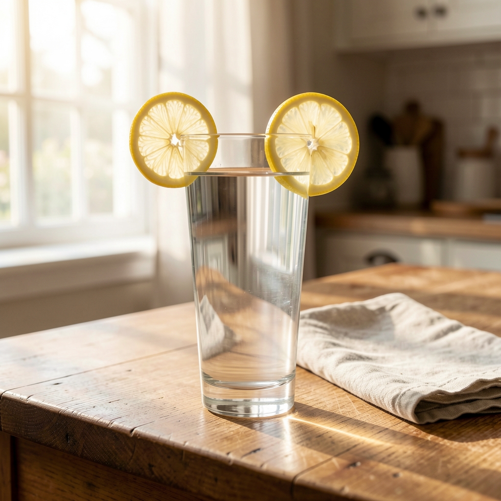 A tall glass of still water with a thin slice of lemon resting on the rim, placed on a wooden kitchen table beside a folded linen napkin in morning natural light streaming through a window