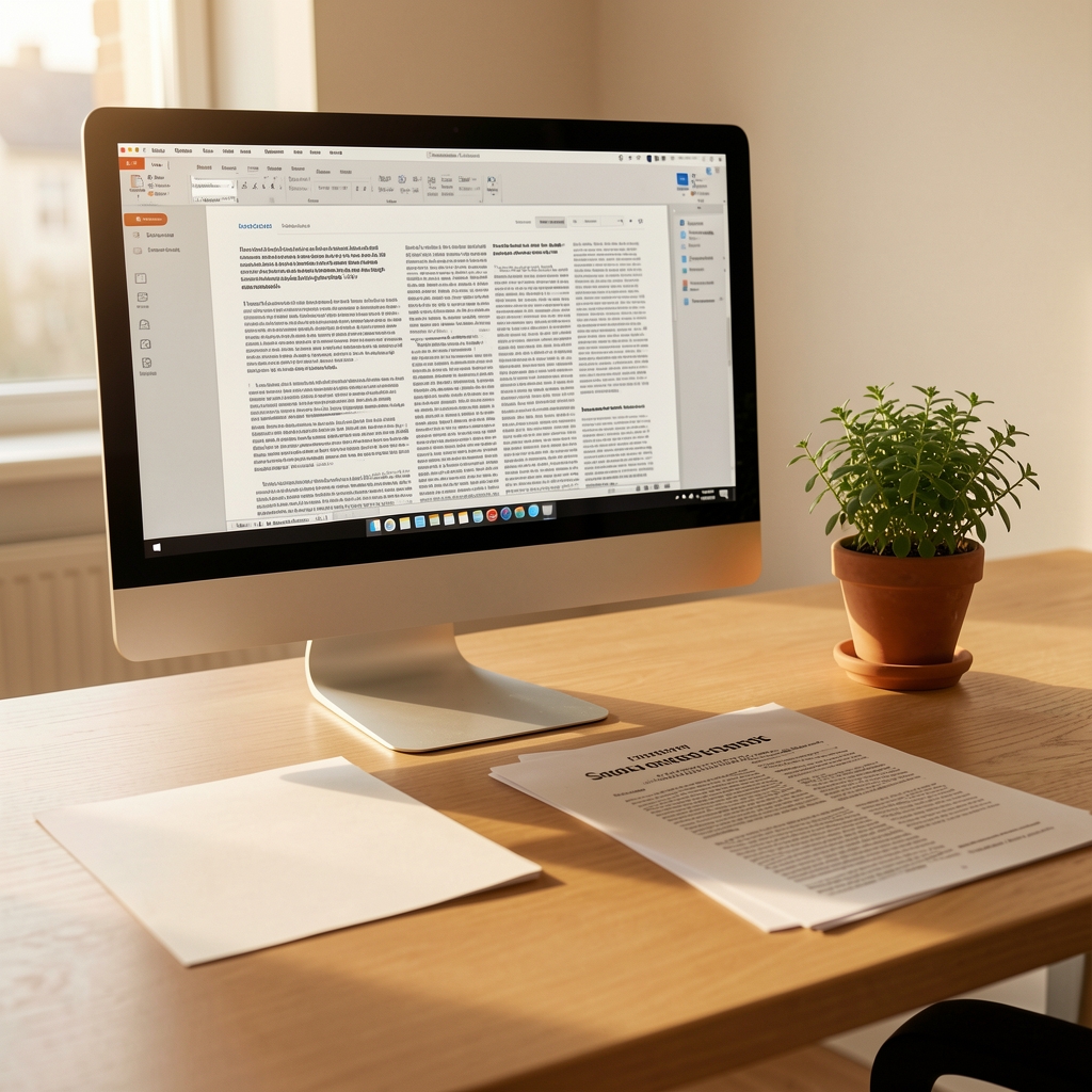 Quiet editorial workspace with a desktop monitor, printed article drafts, and a small potted herb plant on a clean wooden desk in warm interior light